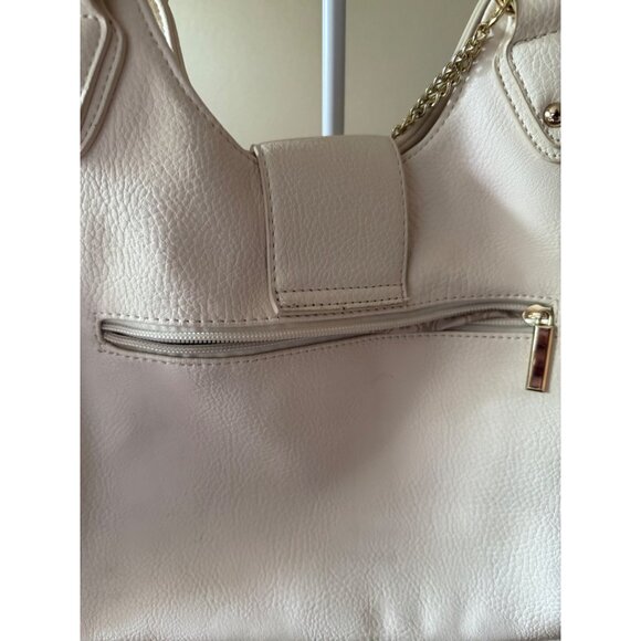 Cream Faux Leather Handbag With Gold Chain & Lock Detail Zipper Pocket Top Handl - Picture 6 of 13